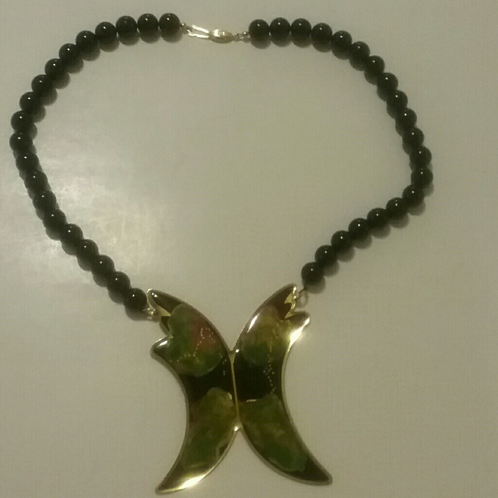 Butterfly necklace, wooden beads, colorful